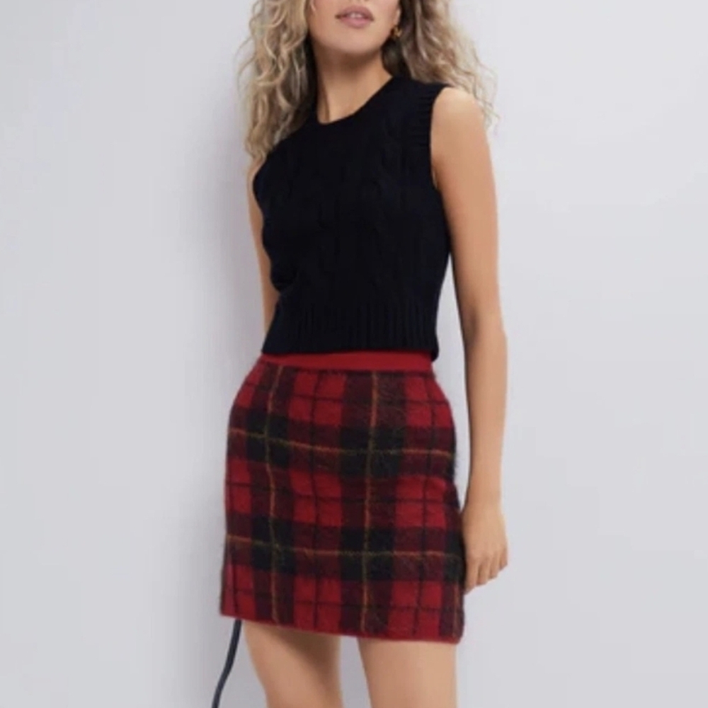 Polo Ralph Lauren Knit Plaid Mini Skirt Alpaca Blend Red Tartan Pull On Size XS